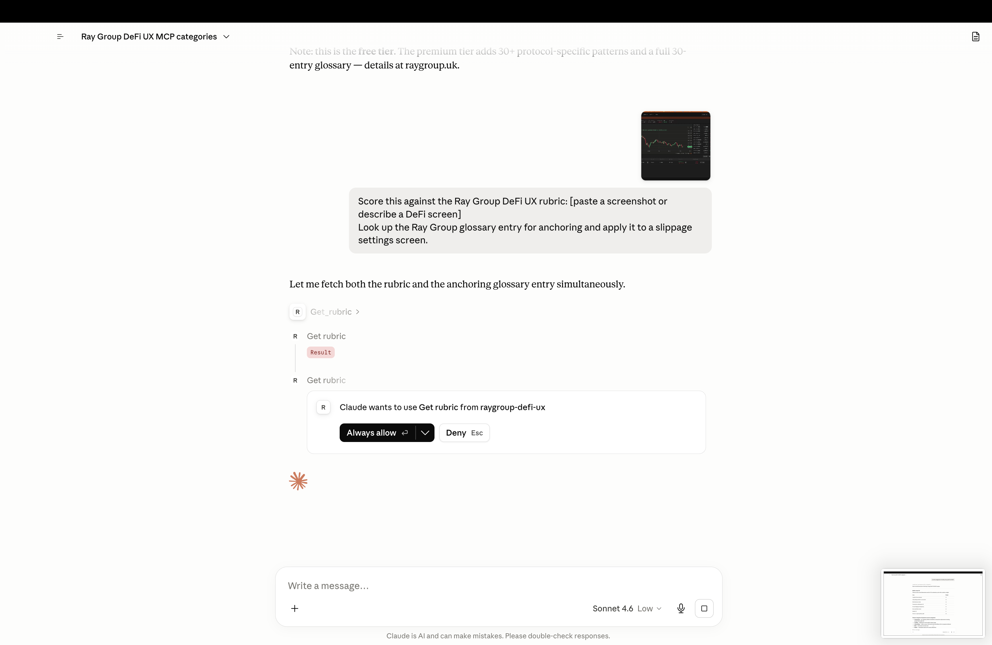 Claude primește screenshot DeFi și promptul de evaluare pe rubrica DeFi UX L-LINE DIGITAL.